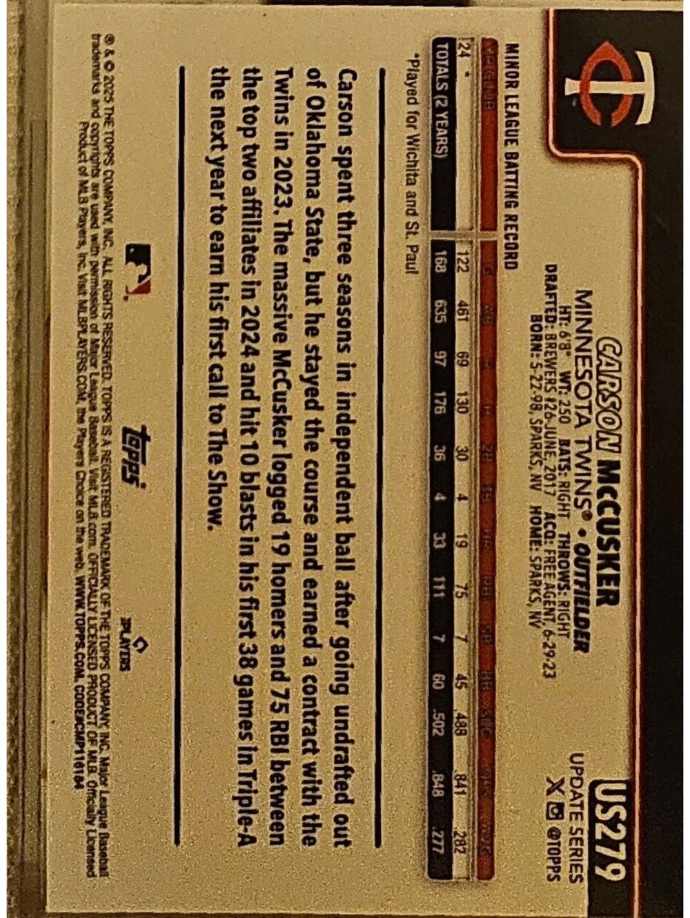 2025 Topps Update #US279 Carson McCusker rookie card twins